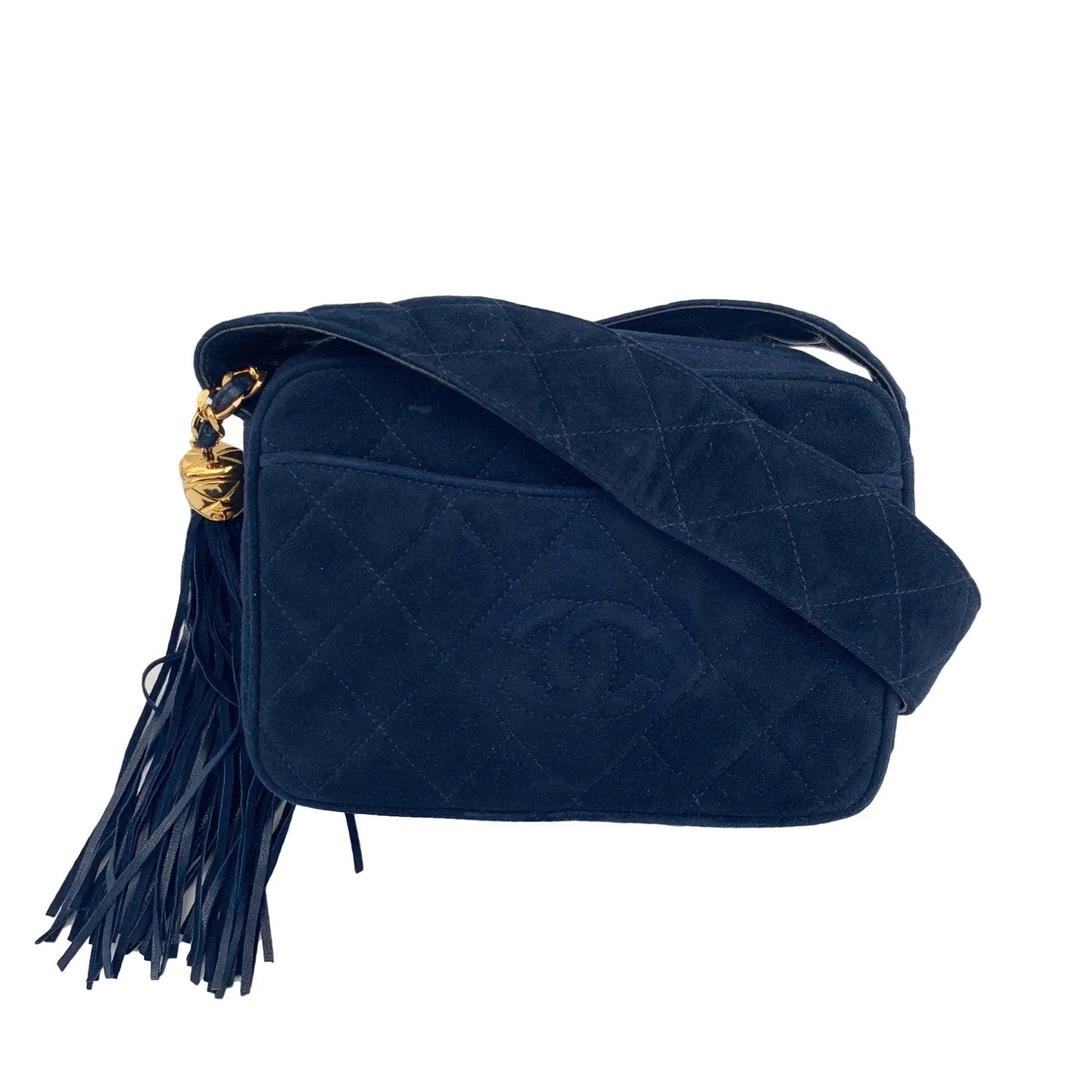 Chanel Navy Suede Tassel Logo Camera Bag