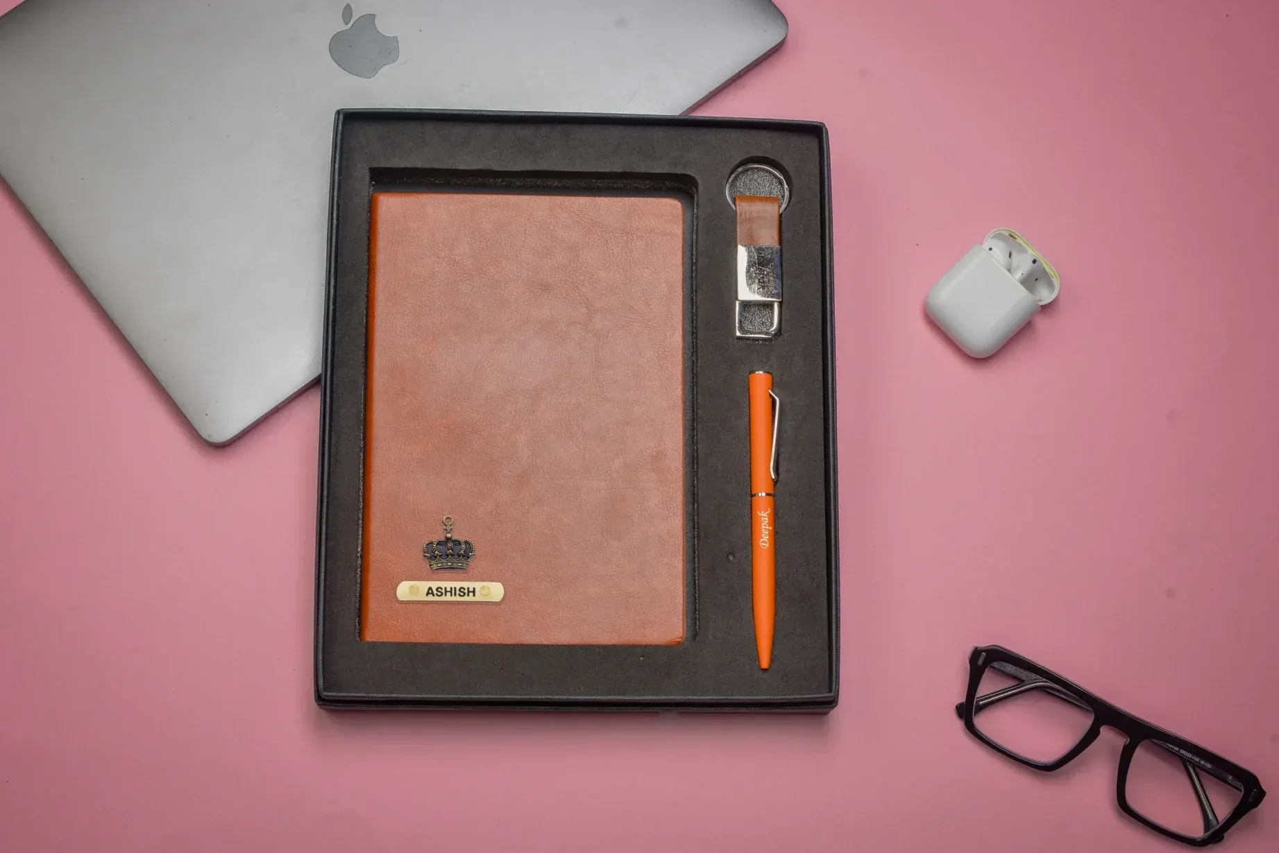 Classy Hardcover Diary   Classic Metal Pen   Classy Leather Metal Keychain - Tan