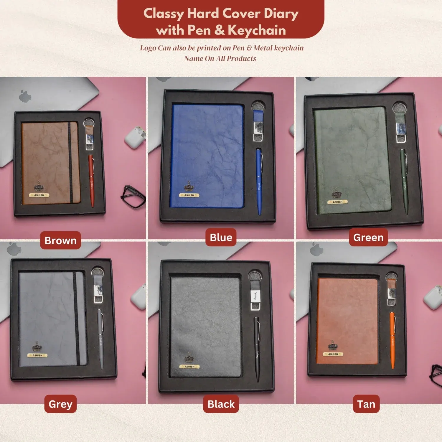 Classy Hardcover Diary   Classic Metal Pen   Classy Leather Metal Keychain - Tan