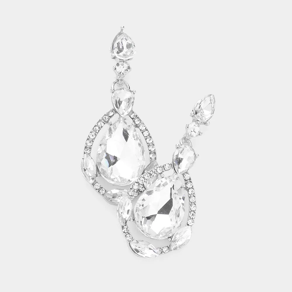 Clear Crystal and Rhinestone Teardrop Pageant Earrings on Silver | Prom Earrings | 287277