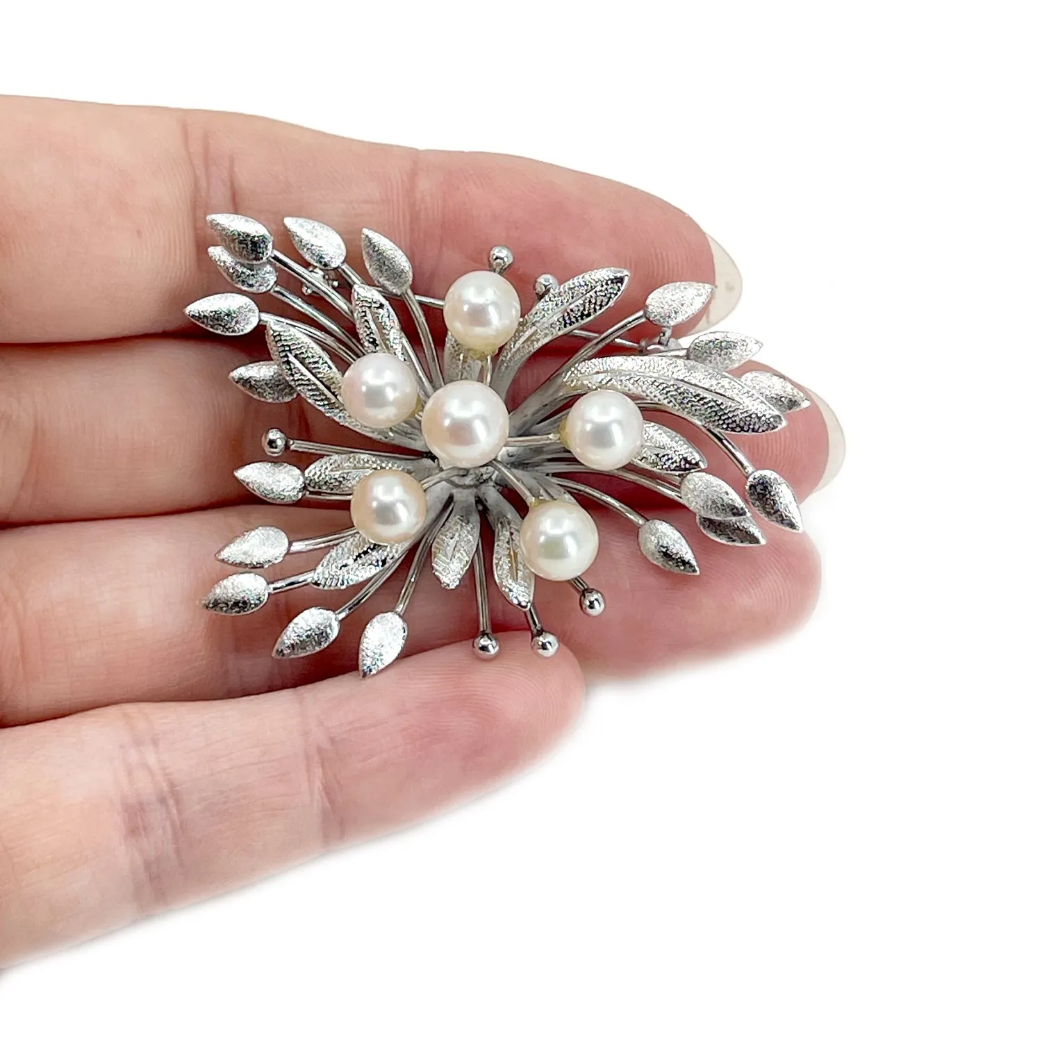 Cluster Leaves Brushed Japanese Saltwater Akoya Cultured Pearl Brooch- Sterling Silver
