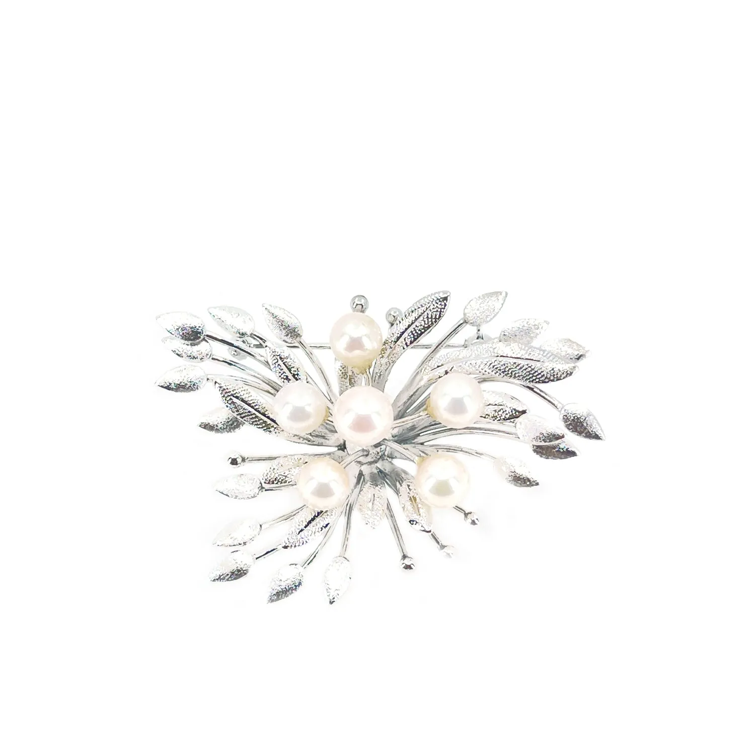 Cluster Leaves Brushed Japanese Saltwater Akoya Cultured Pearl Brooch- Sterling Silver