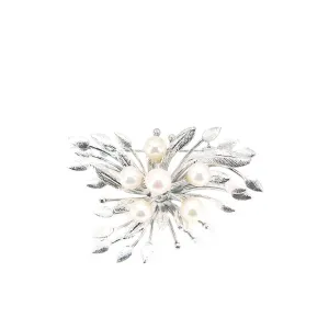 Cluster Leaves Brushed Japanese Saltwater Akoya Cultured Pearl Brooch- Sterling Silver
