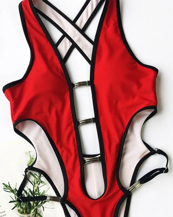 ColorBlock Buckle Cut Out One Pieces