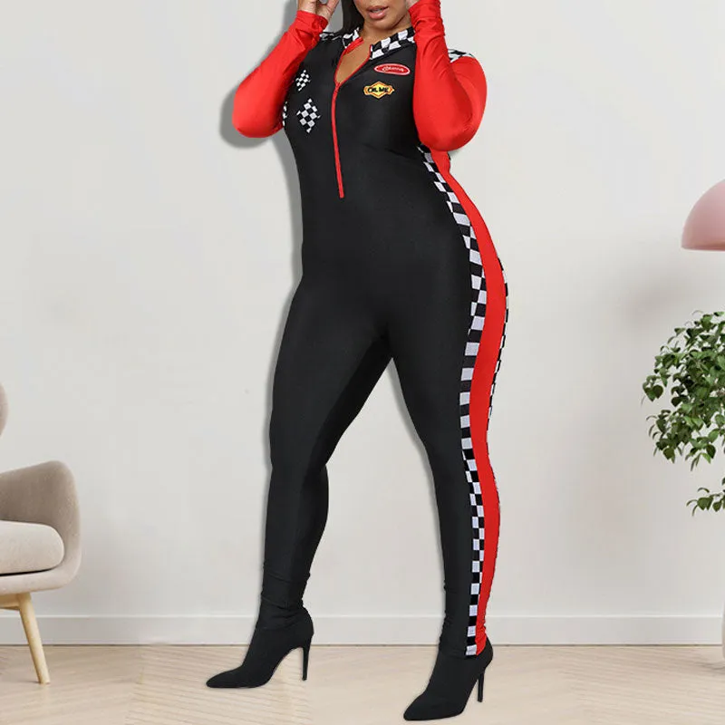 Colorblock Checkerboard Pattern Long Sleeve Jumpsuit