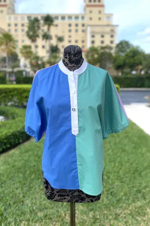 Colorblock Cotton Top in Blue, Green, and White