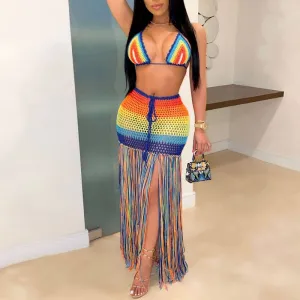 Colorblock Crochet Tassel Design Swimsuit Set