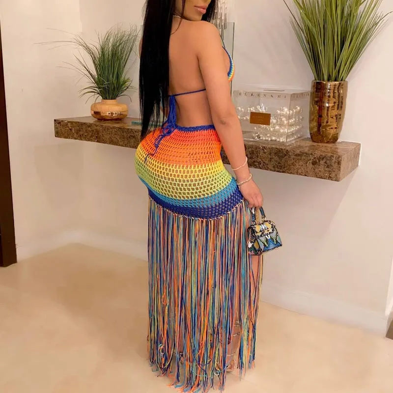 Colorblock Crochet Tassel Design Swimsuit Set