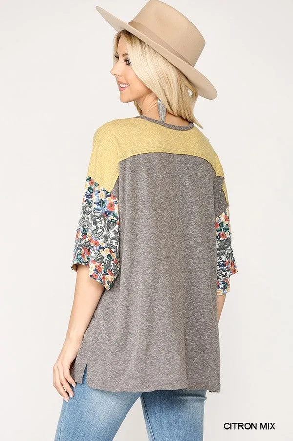 Colorblock Knit And Floral Print Mixed Top With Dolman Sleeve