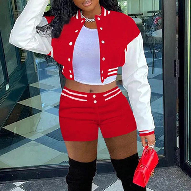 Colorblock Long Sleeve Baseball Jacket & Shorts Set