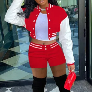 Colorblock Long Sleeve Baseball Jacket & Shorts Set