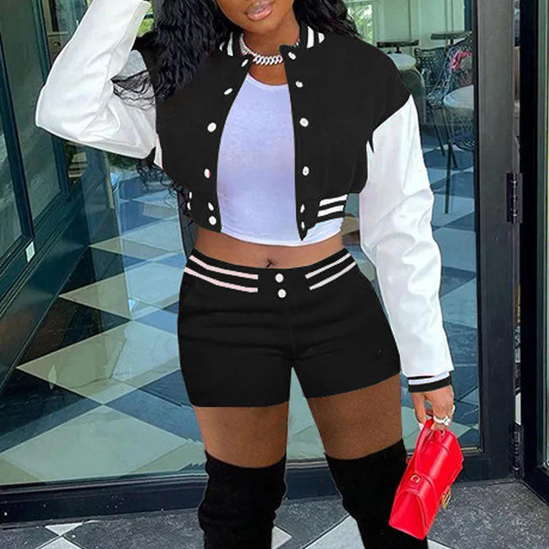 Colorblock Long Sleeve Baseball Jacket & Shorts Set