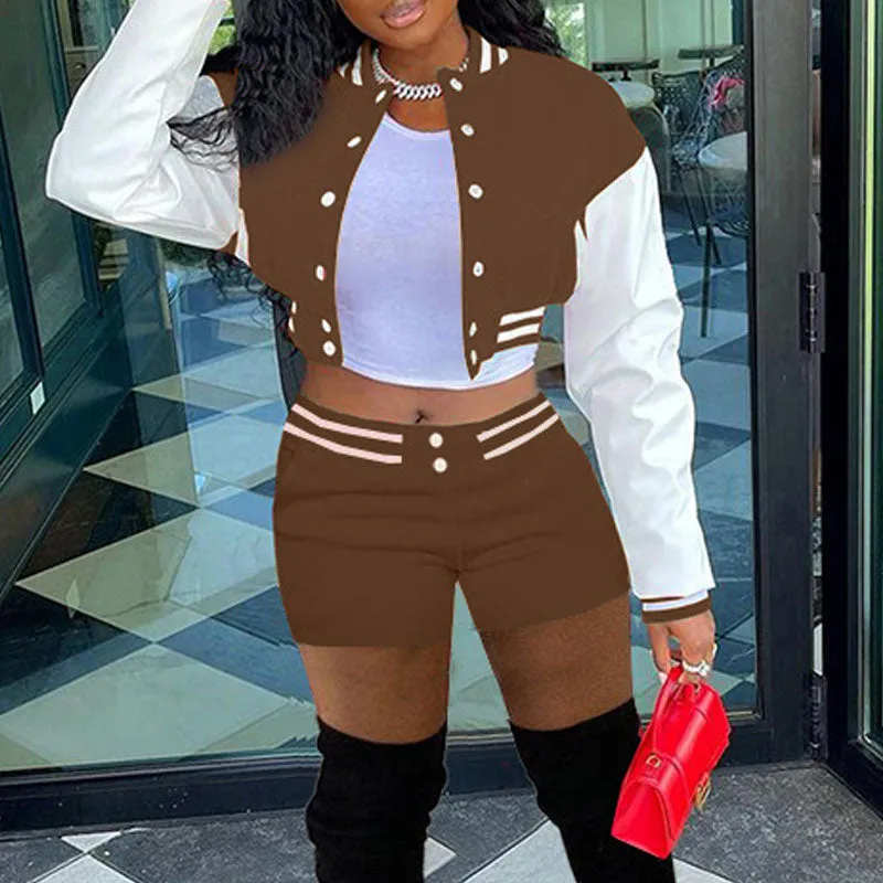 Colorblock Long Sleeve Baseball Jacket & Shorts Set