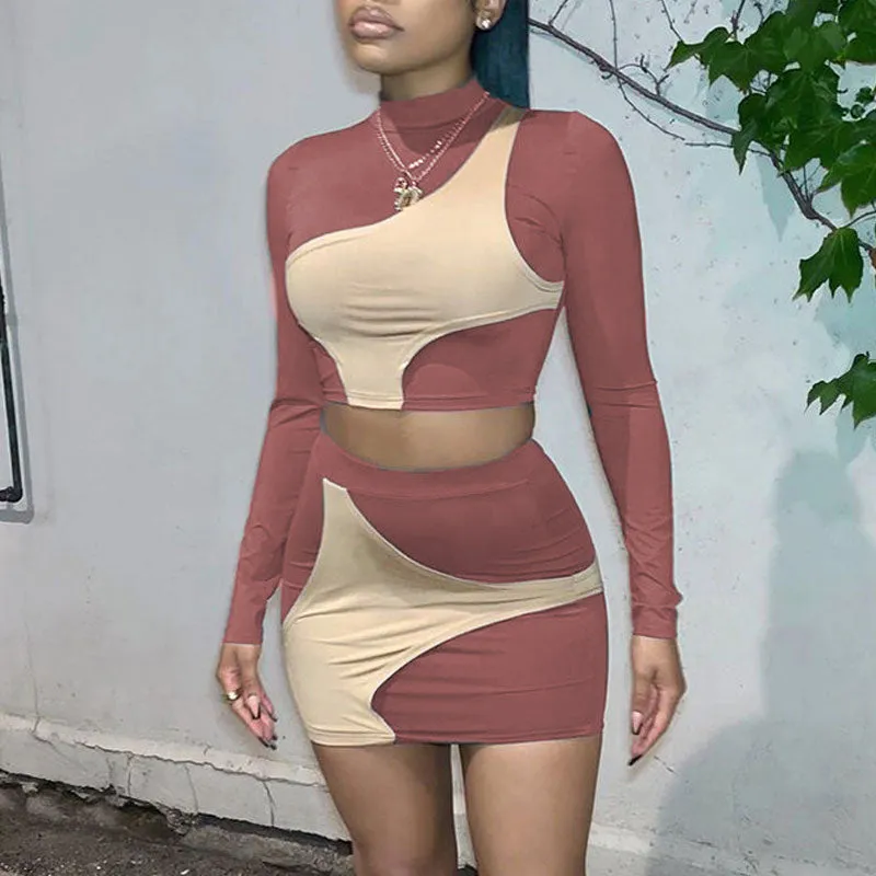 Colorblock Long Sleeve Crop Top & Skirt Set