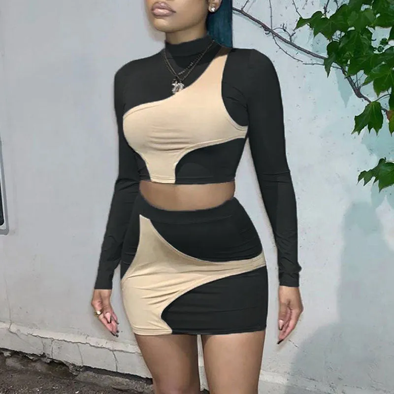 Colorblock Long Sleeve Crop Top & Skirt Set