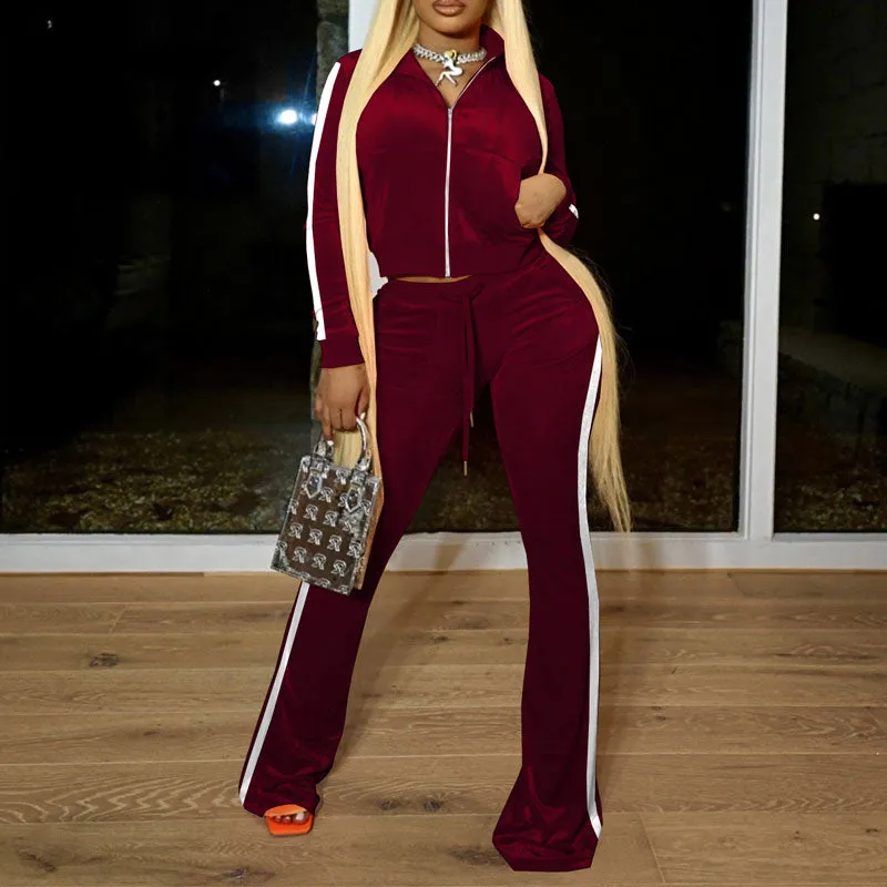 Colorblock Long Sleeve Velvet Top & Pants Set