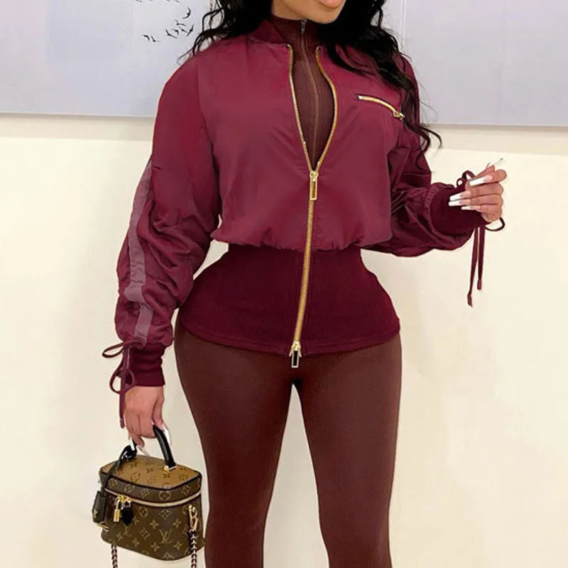 Colorblock Long Sleeve Zipper Design Corset Coat