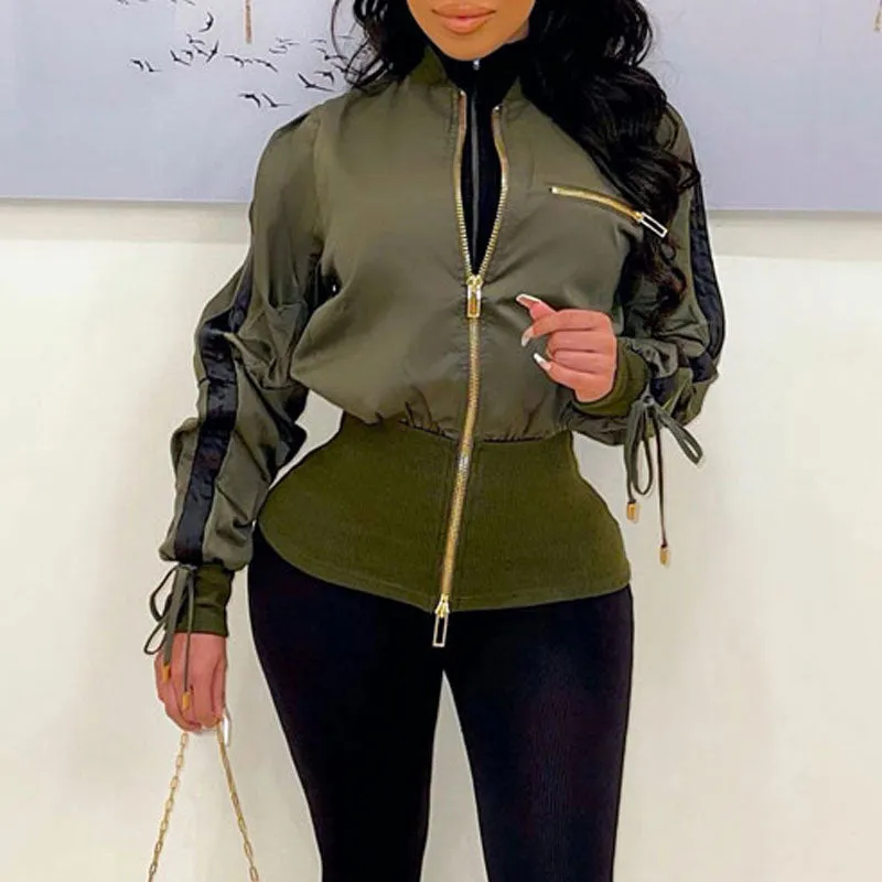 Colorblock Long Sleeve Zipper Design Corset Coat