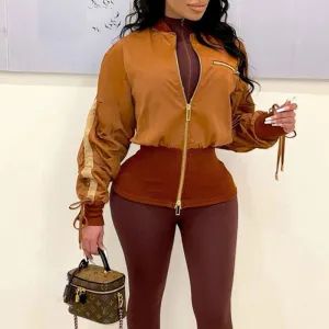 Colorblock Long Sleeve Zipper Design Corset Coat