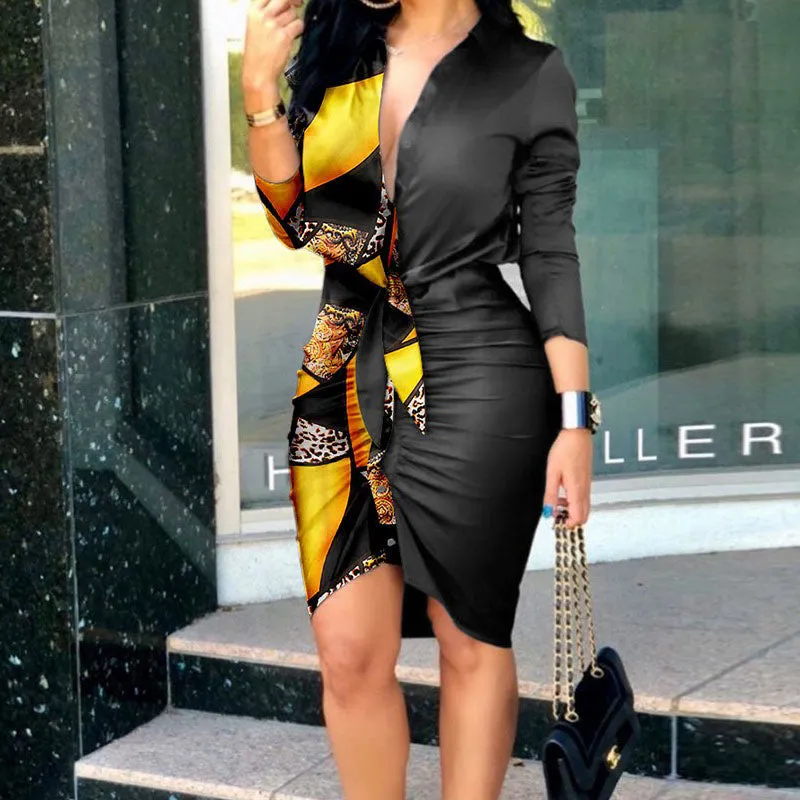 Colorblock Print Deep V-Neck Long Sleeve Ruched Shirt Dress
