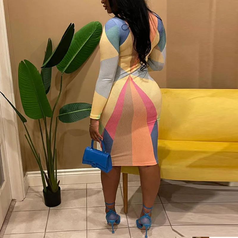 Colorblock Print Long Sleeve Bodycon Dress