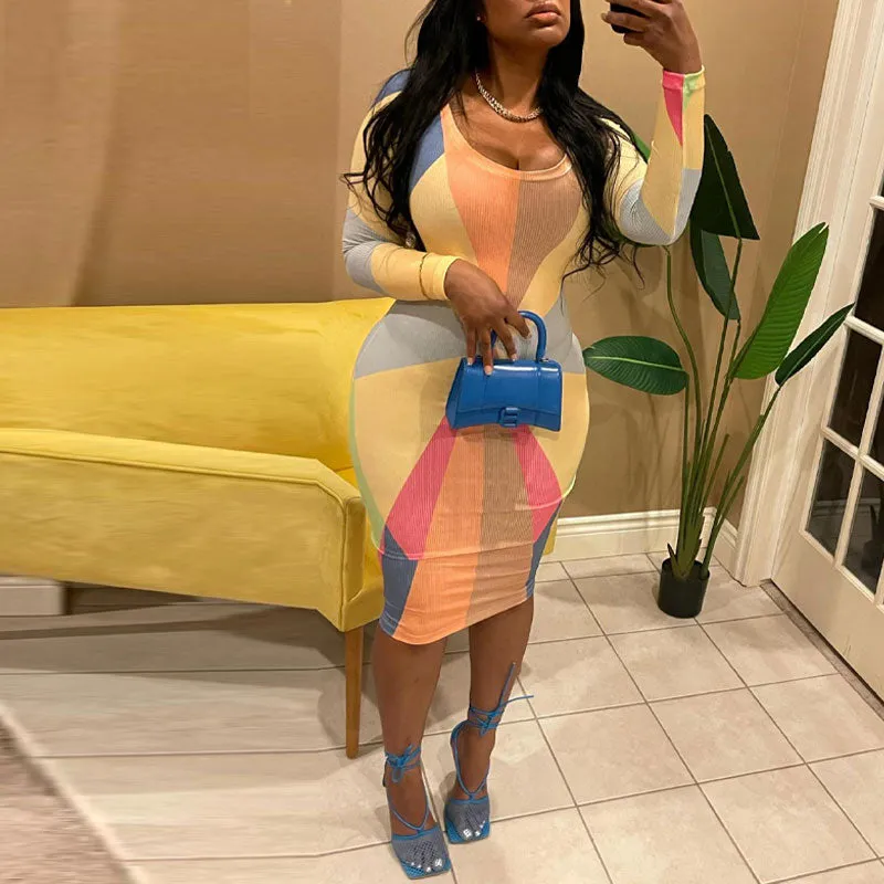 Colorblock Print Long Sleeve Bodycon Dress