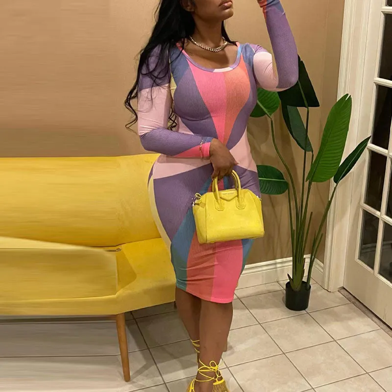 Colorblock Print Long Sleeve Bodycon Dress