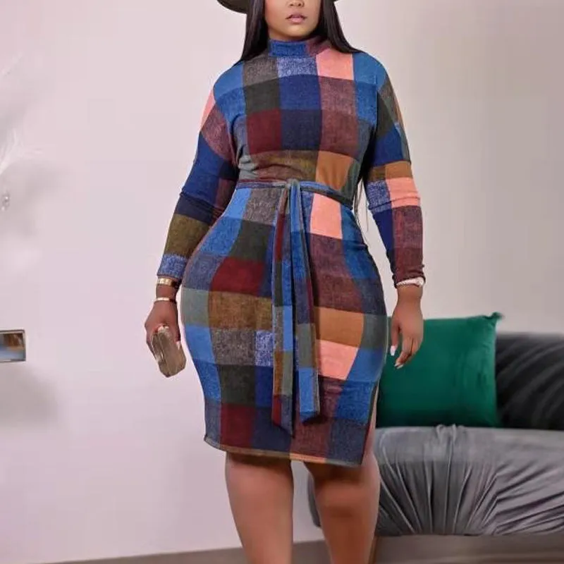 Colorblock Print Long Sleeve High Split Dress With Belt