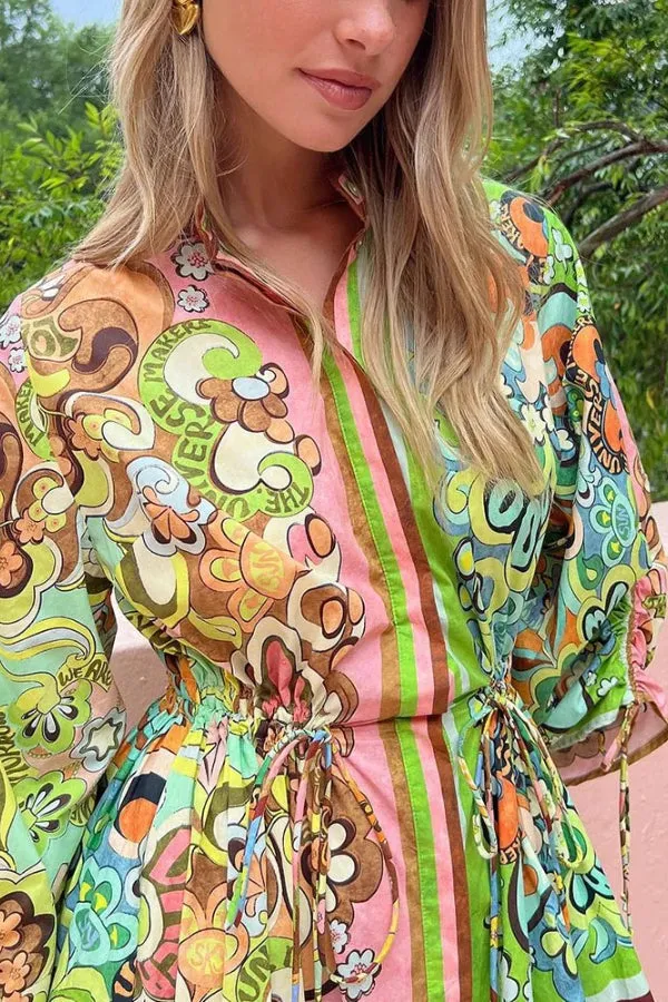 Colorblock printed cardigan lace-up dress