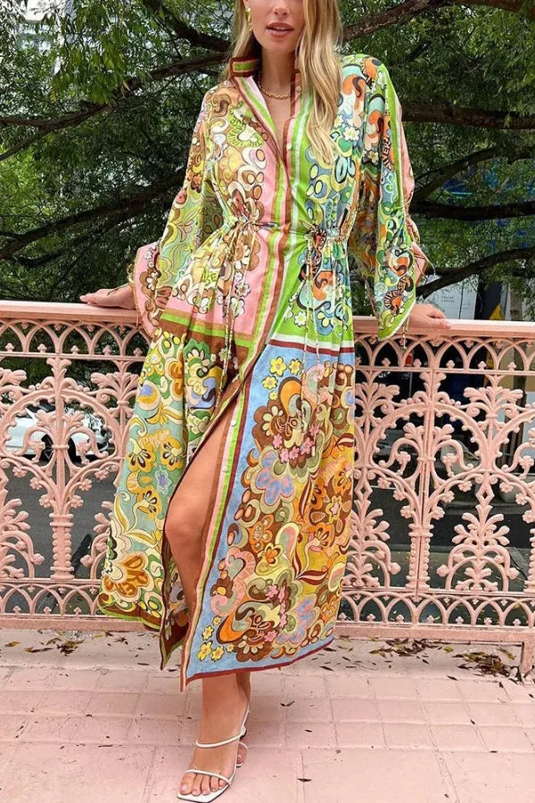 Colorblock printed cardigan lace-up dress