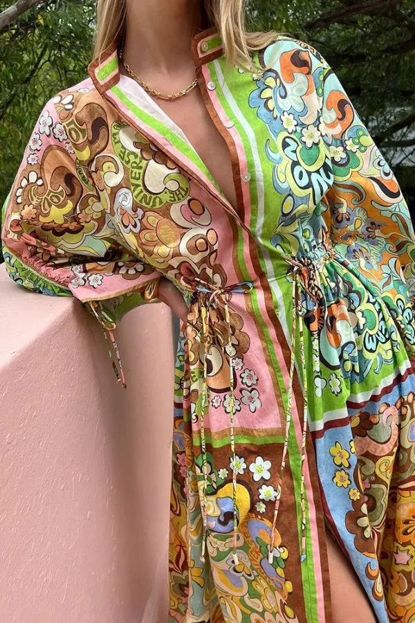 Colorblock printed cardigan lace-up dress