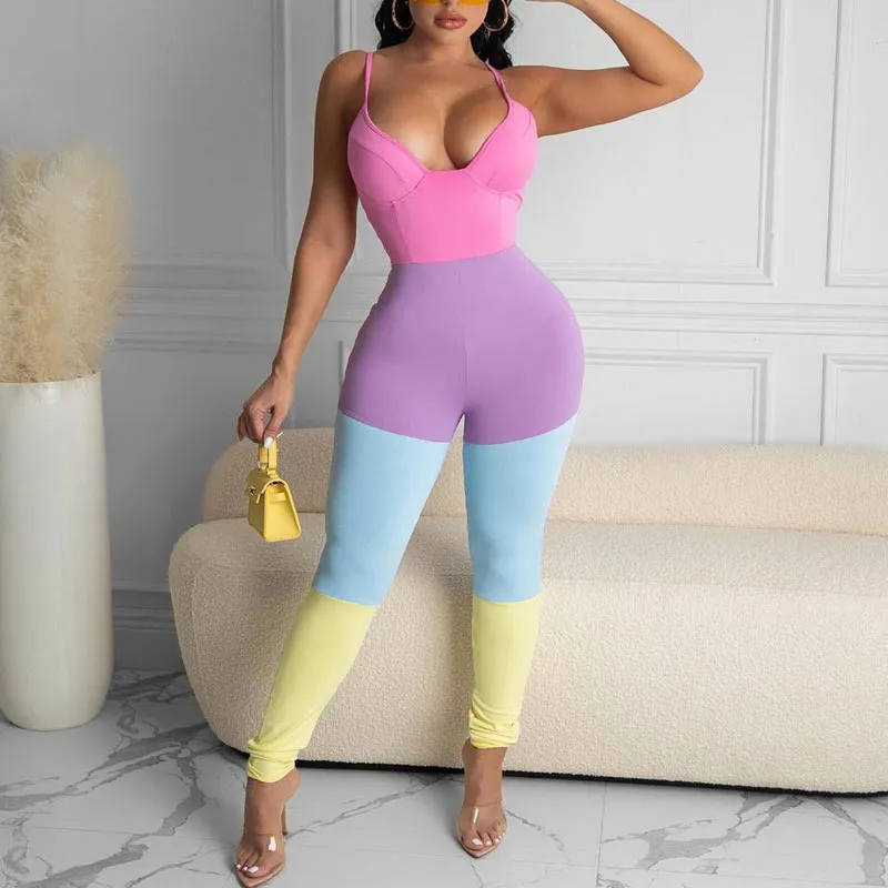 Colorblock Sleeveless Deep V-Neck Jumpsuit