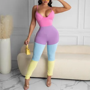 Colorblock Sleeveless Deep V-Neck Jumpsuit