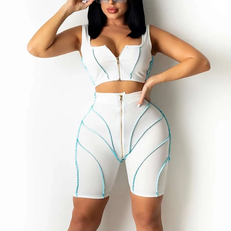 Colorblock Sleeveless Zippe Design Two Piece Shorts Set