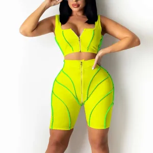 Colorblock Sleeveless Zippe Design Two Piece Shorts Set
