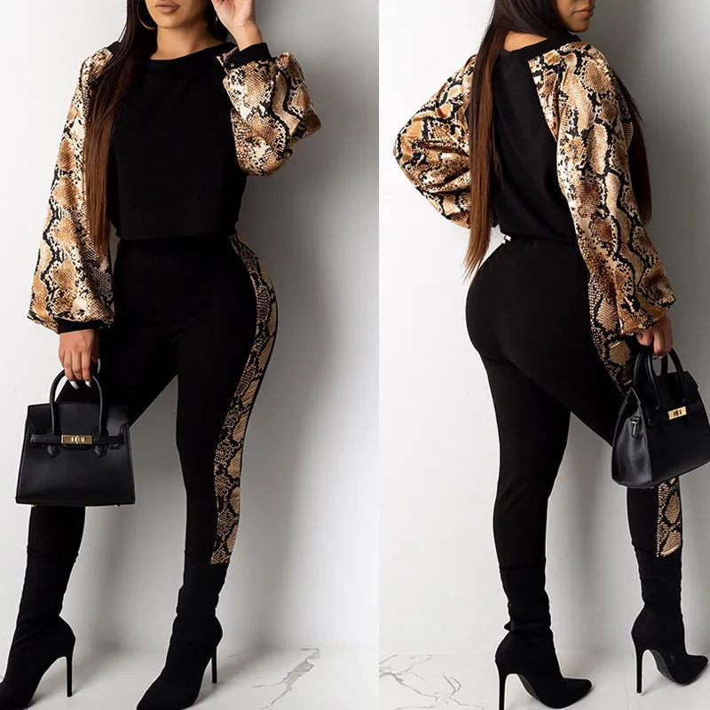 Colorblock Snakeskin Pattern Long Sleeve Jumpsuit
