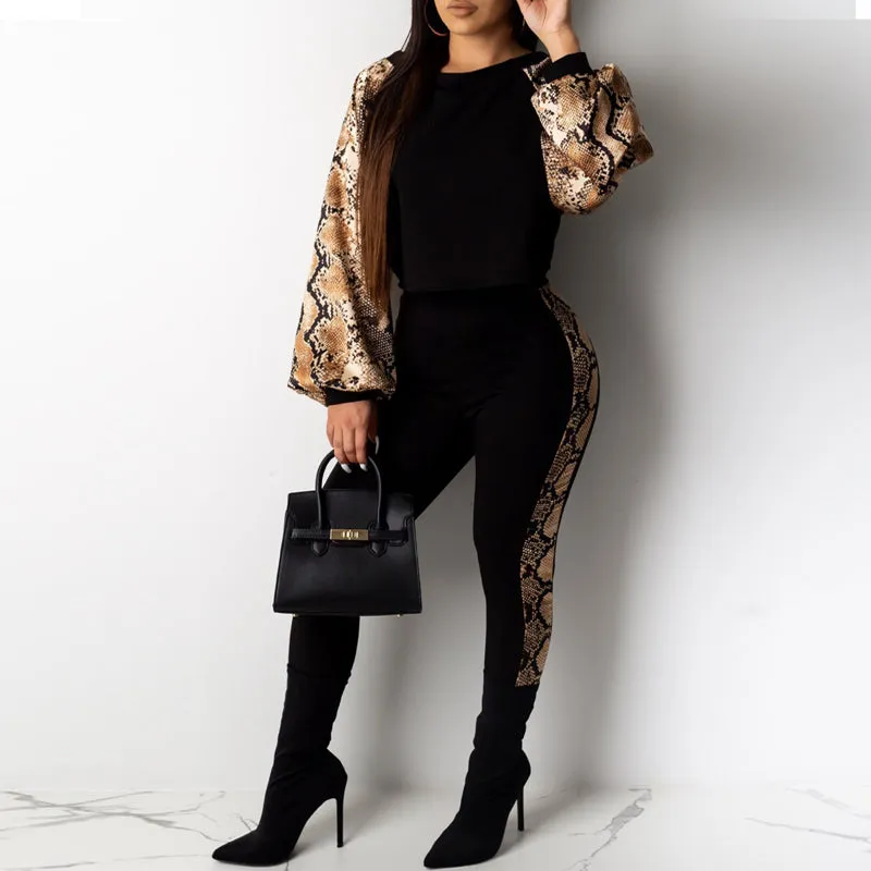 Colorblock Snakeskin Pattern Long Sleeve Jumpsuit