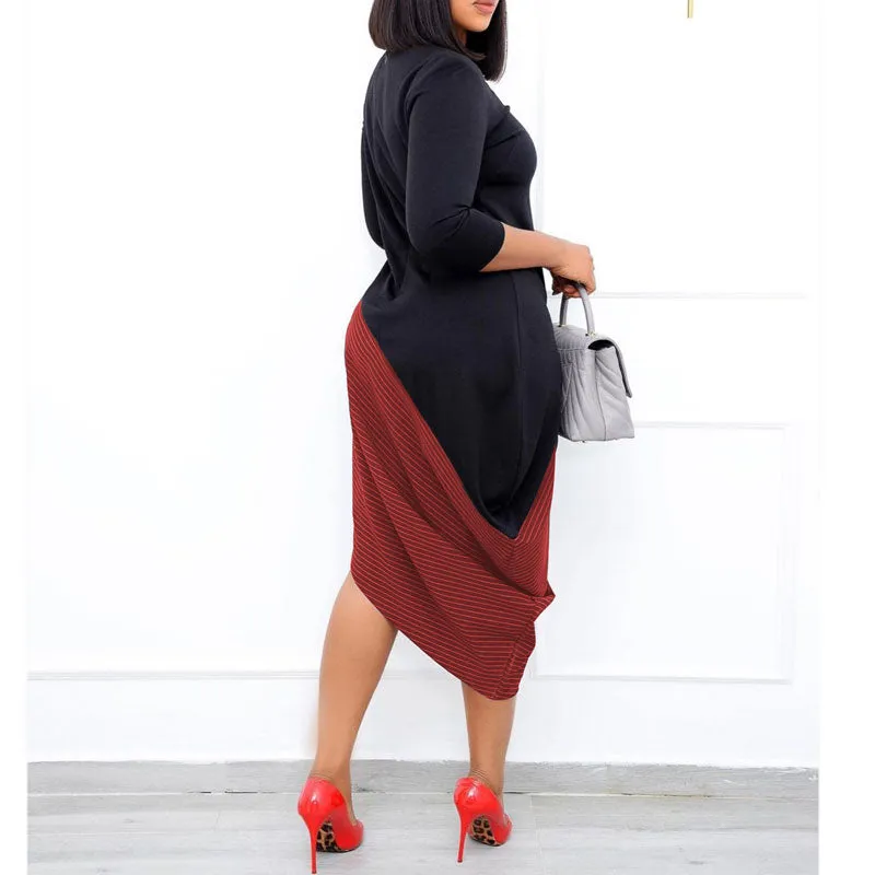 Colorblock Striped Pattern Long Sleeve Irregular Dress