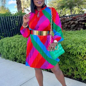 Colorful Long Sleeve Pleated Loose Mini Dress Wihout Belt