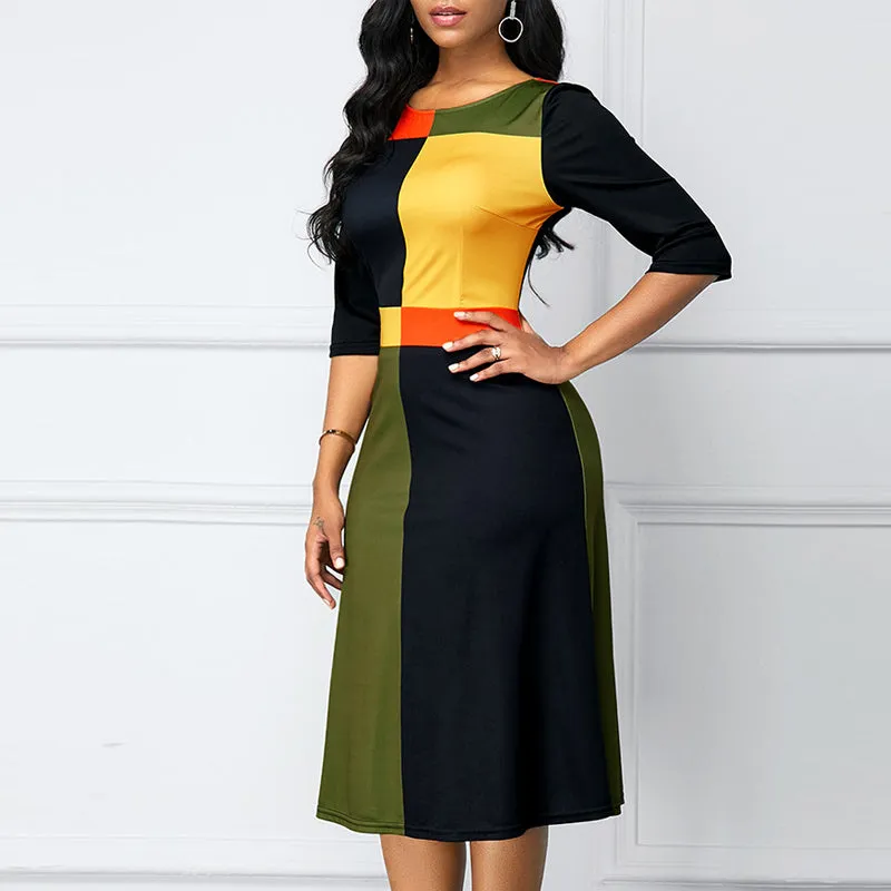 Contrast Print Round Neck Half Sleeve Dress