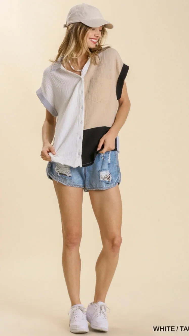 Cora Color Block Frayed Hem Top
