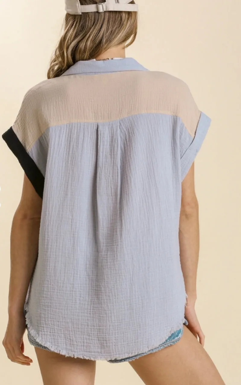 Cora Color Block Frayed Hem Top