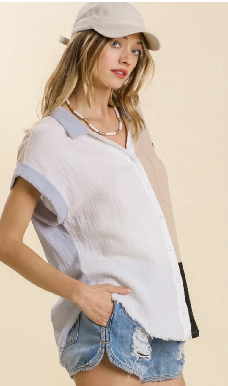 Cora Color Block Frayed Hem Top