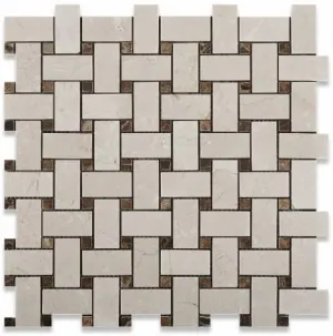 Crema Marfil Basketweave with Dark Emperador Dot Polished Finished