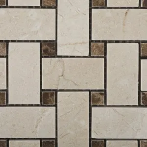 Crema Marfil Polished Basketweave Mosaic Tile w/ Emperador Dark Dots - 6" X 6" Sample