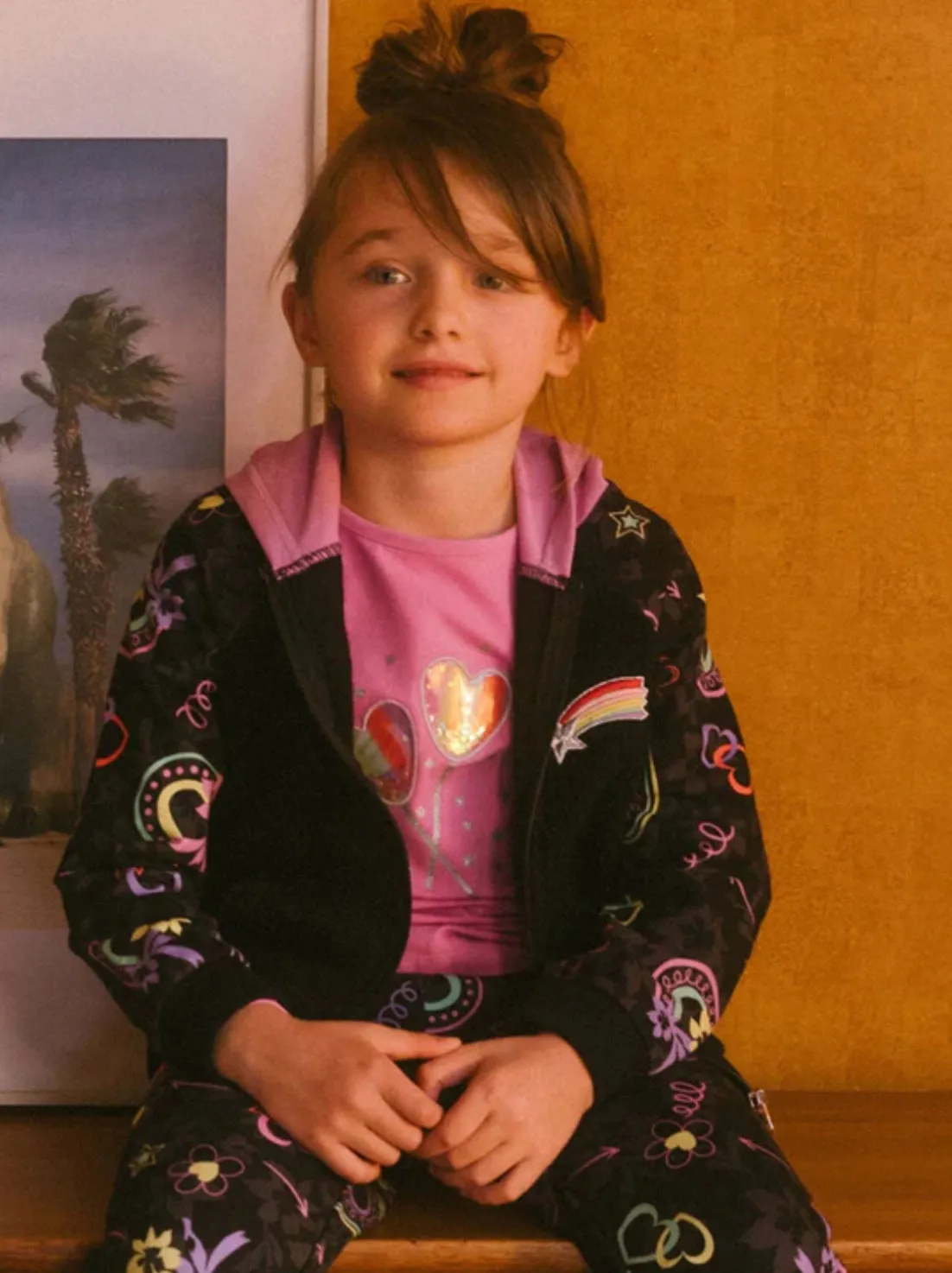 Deux Par Deux Girls Black Bi-material Zipped Hoodie in Sherpa and Fleece: Size 3-10y