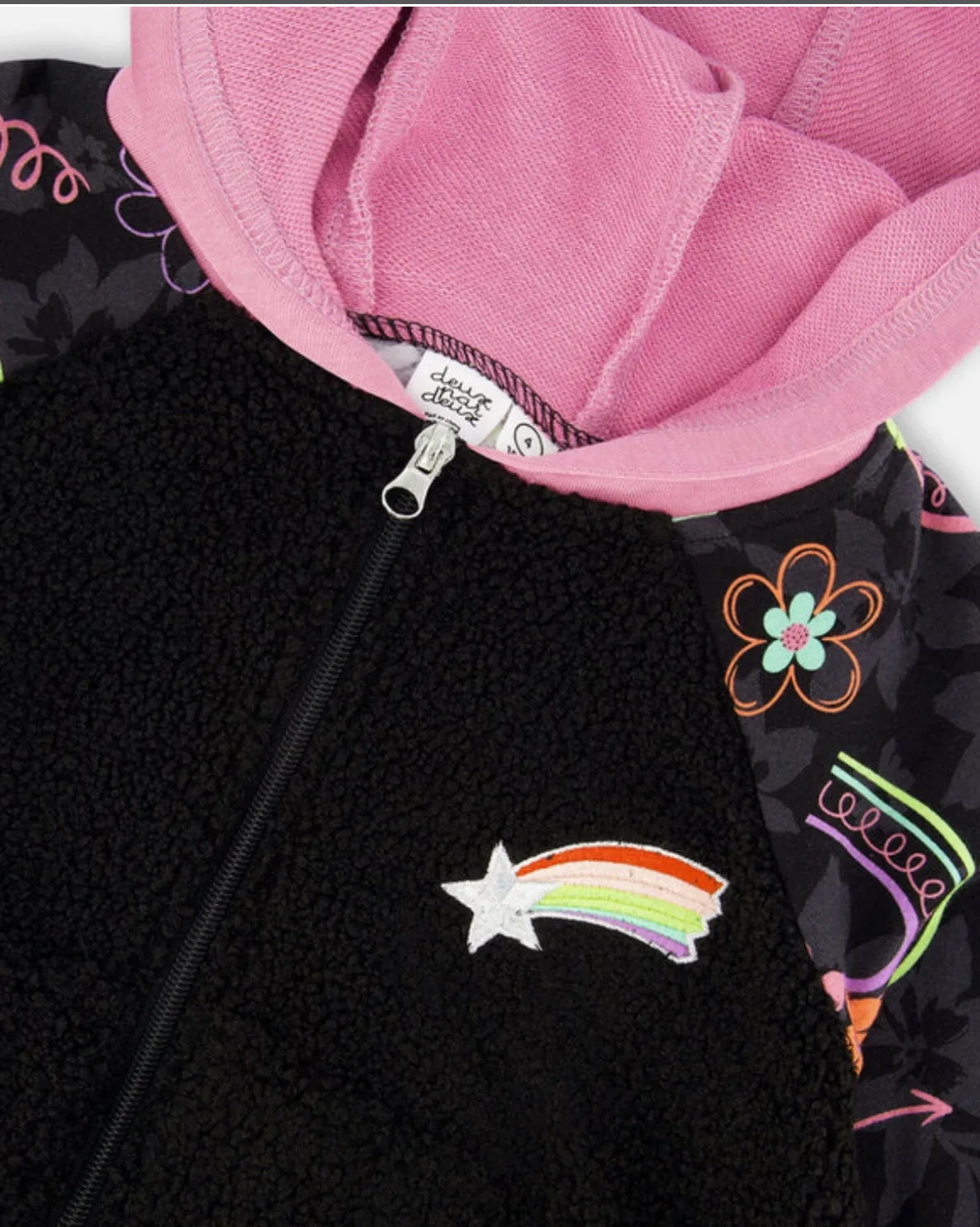 Deux Par Deux Girls Black Bi-material Zipped Hoodie in Sherpa and Fleece: Size 3-10y