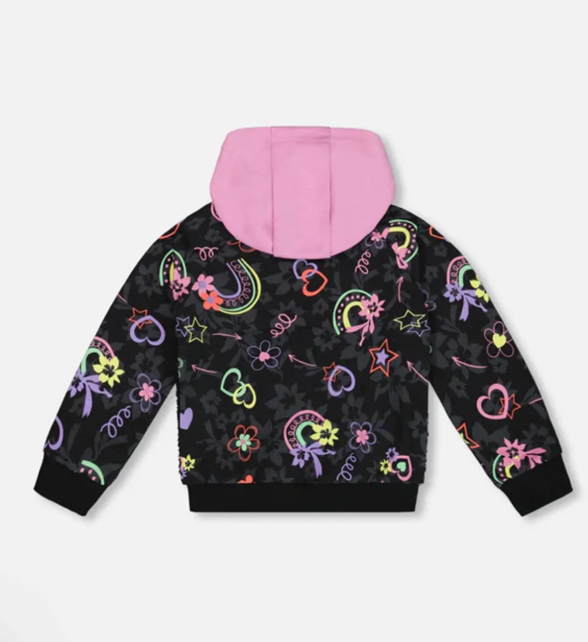 Deux Par Deux Girls Black Bi-material Zipped Hoodie in Sherpa and Fleece: Size 3-10y