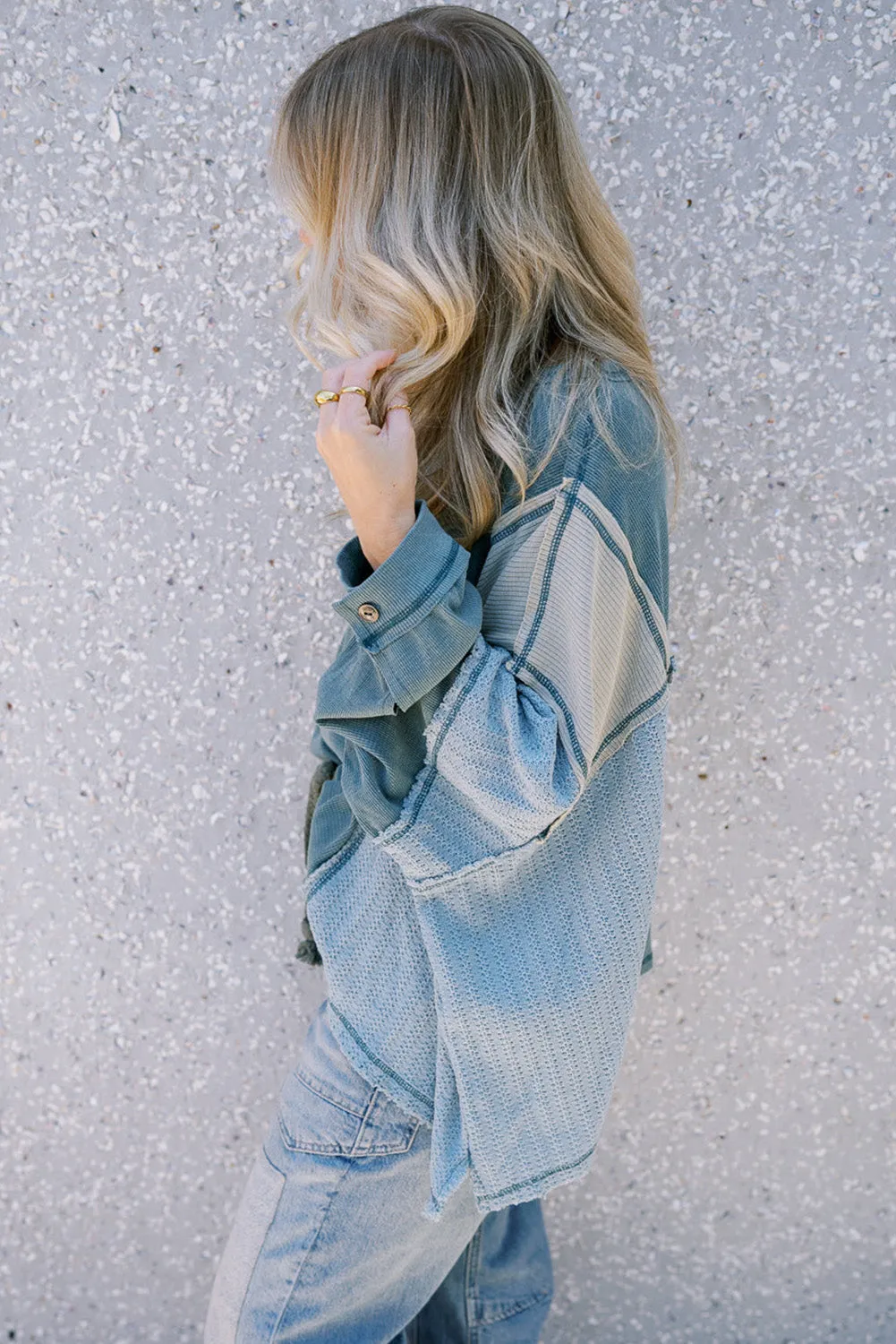 Dusk Blue Colorblock Stitching Patchwork Buttoned Long Sleeve Top