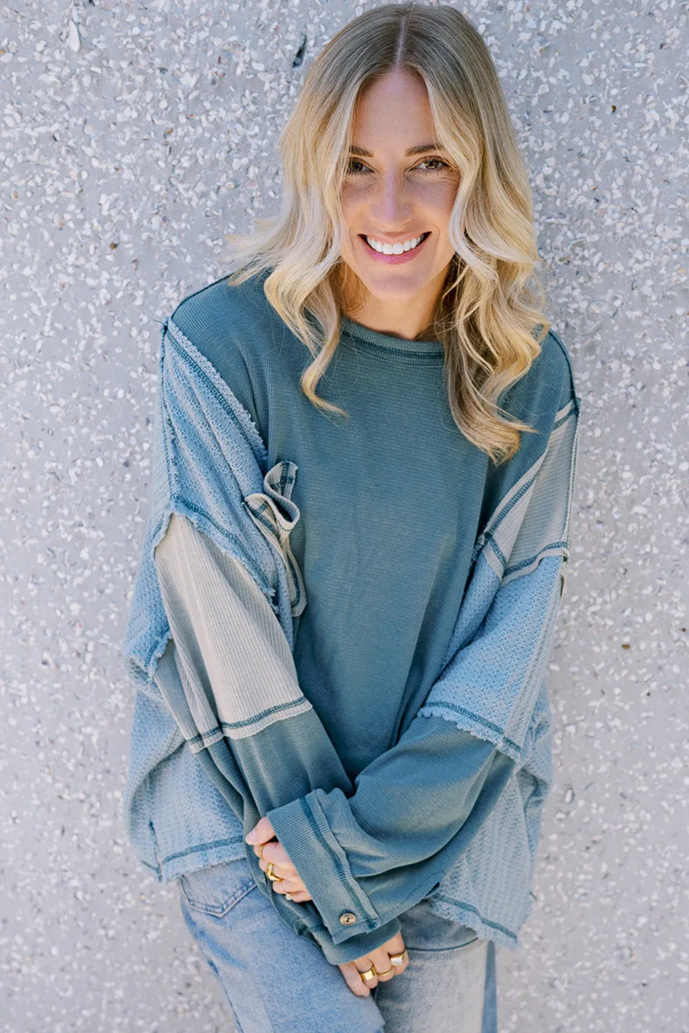 Dusk Blue Colorblock Stitching Patchwork Buttoned Long Sleeve Top